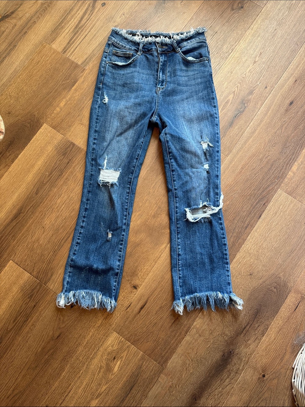 Risen Straight Leg Distressed Cropped Jeans